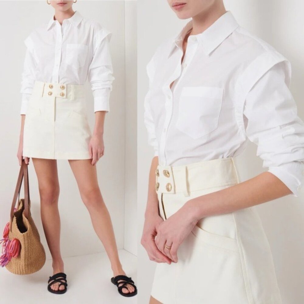 NWT Derek Lam 10 Crosby Marley Ruched Sleeve Button Down Shirt 2 White Poplin